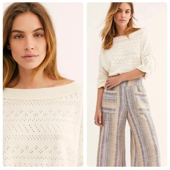 Free People Sand Castle Pointelle Cropped Boxy Knit Sweater - Picture 3 of 17